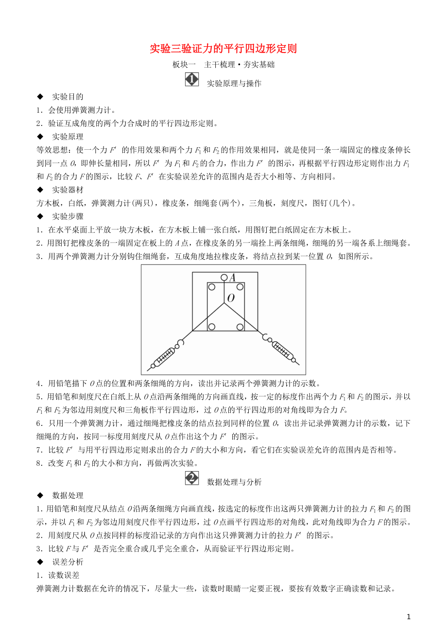 2019年高考物理一轮复习 第二章 相互作用 实验三 验证力的平行四边形定则学案_第1页