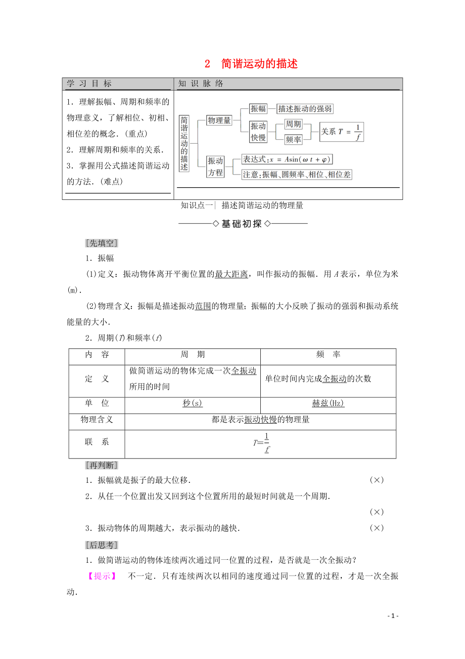 2020版新教材高中物理 主題2 機械振動與機械波 2 簡諧運動的描述學(xué)案 新人教版必修第一冊_第1頁