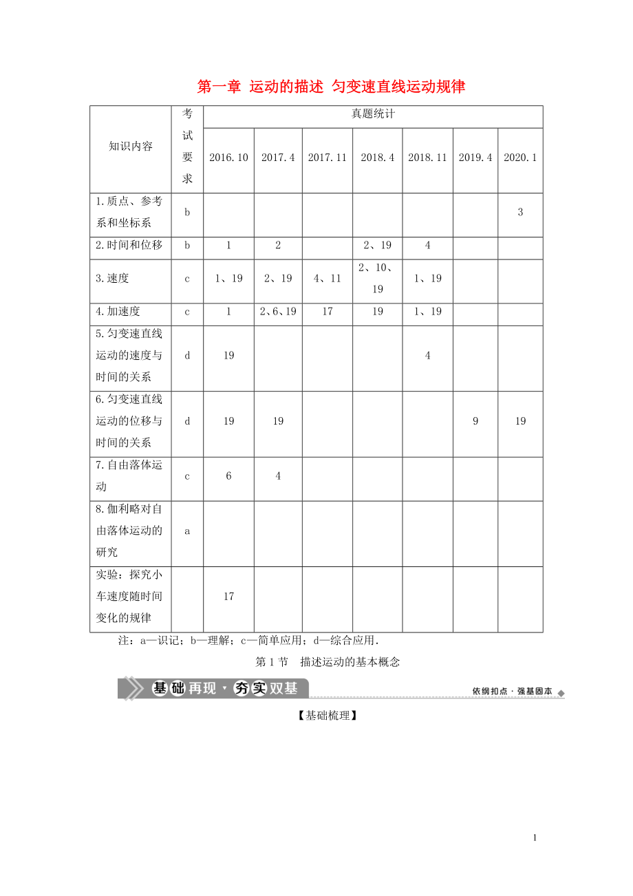 （浙江選考）2021版新高考物理一輪復(fù)習(xí) 1 第一章 運(yùn)動的描述 勻變速直線運(yùn)動規(guī)律 1 第1節(jié) 描述運(yùn)動的基本概念教學(xué)案_第1頁