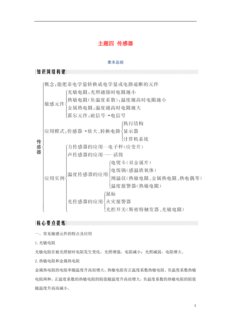 （新課標）2018-2019學年高考物理 主題四 傳感器章末總結學案 新人教版選修3-2_第1頁