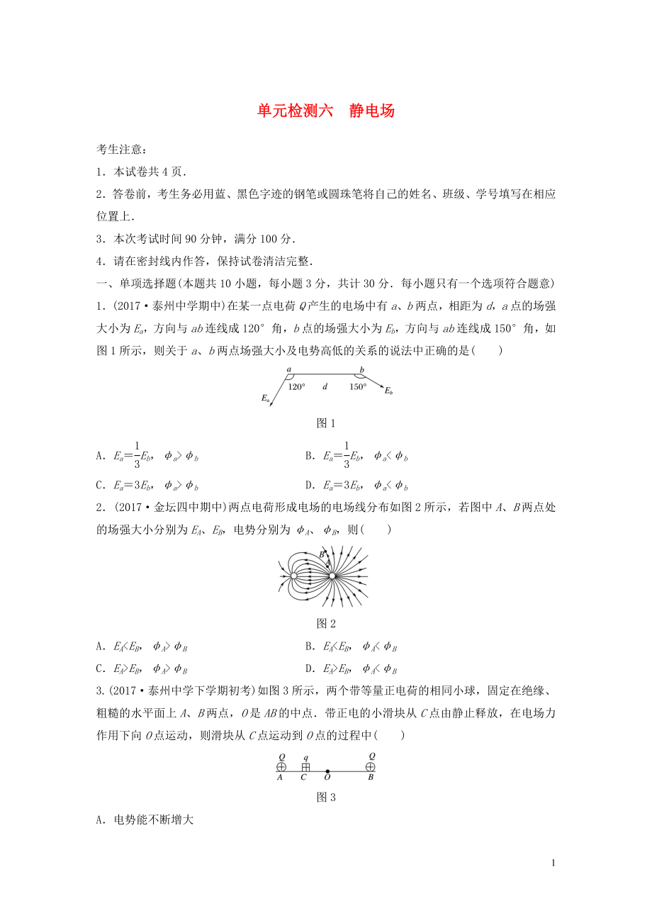 （江蘇專用）2019高考物理一輪復習 單元檢測六 靜電場_第1頁