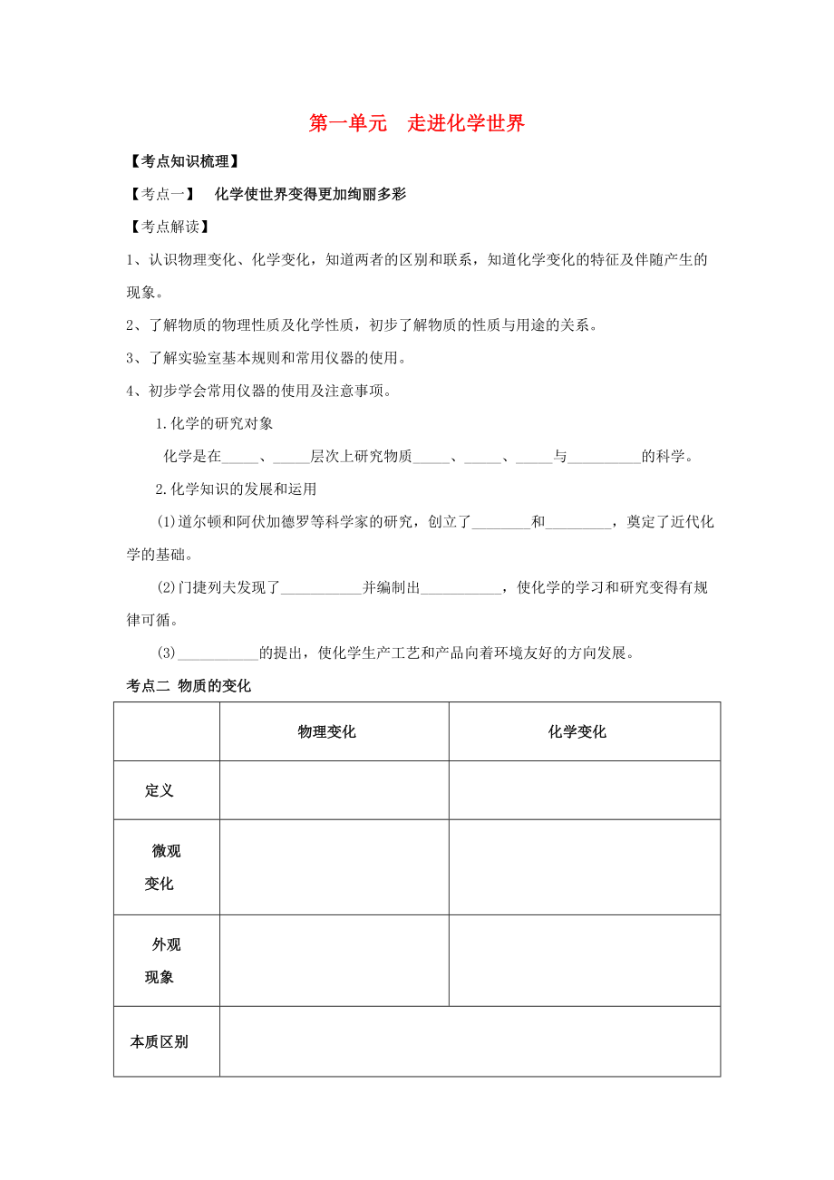 九年级化学上册第一单元走进化学世界复习讲义无答案新版新人教版通用_第1页