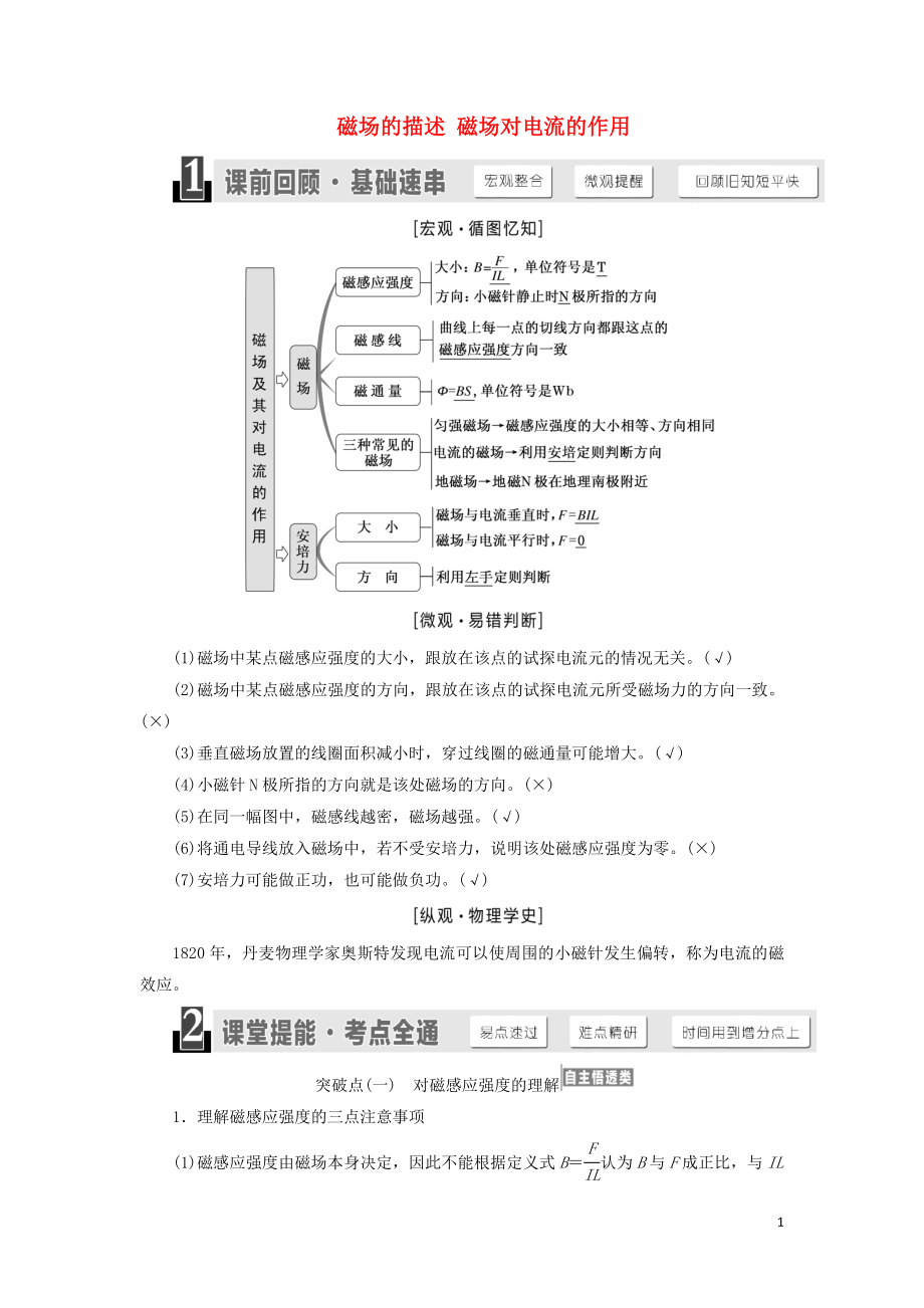 （江蘇專版）2020版高考物理一輪復(fù)習(xí) 第八章 第1節(jié) 磁場(chǎng)的描述 磁場(chǎng)對(duì)電流的作用講義（含解析）_第1頁