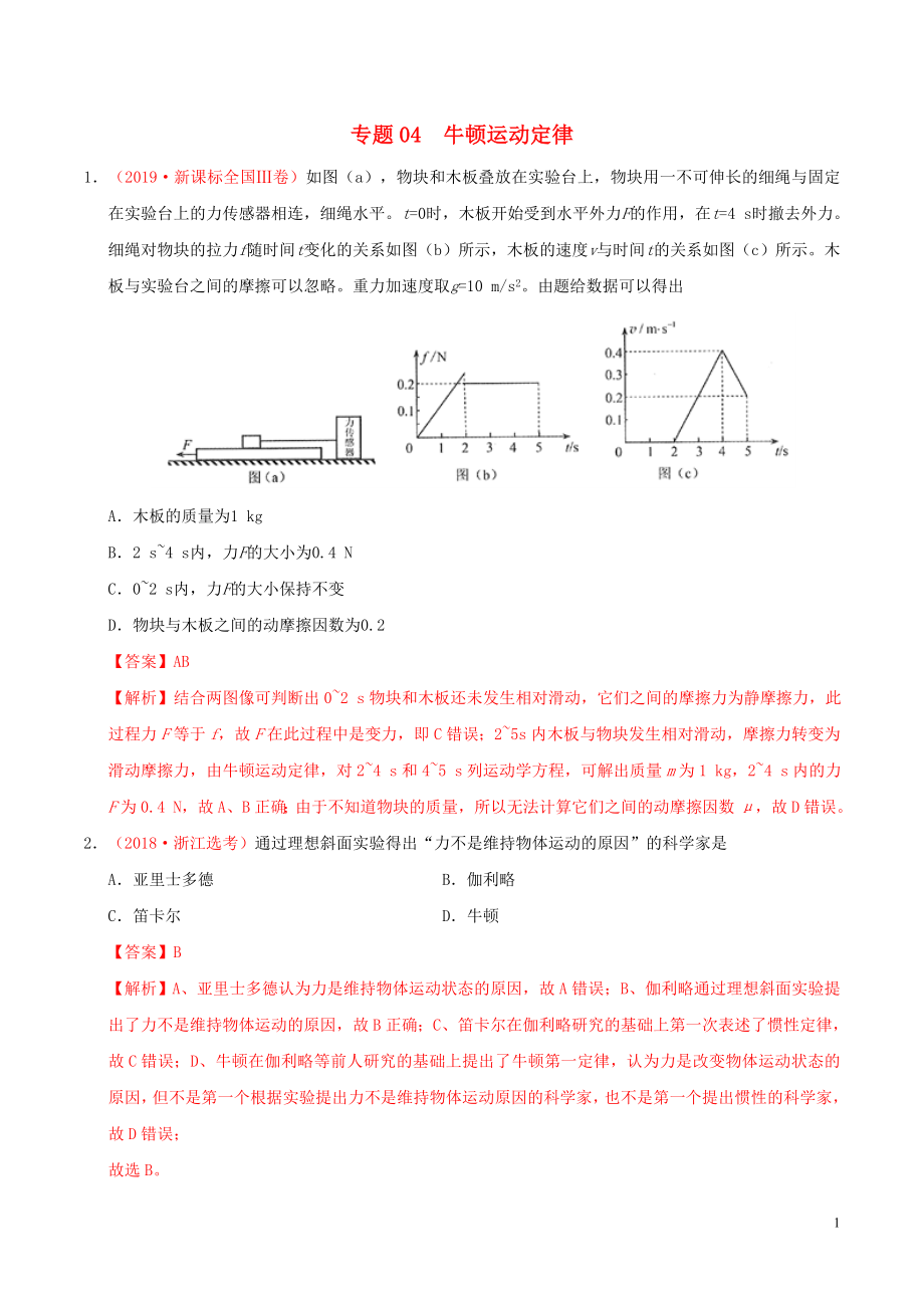 三年高考（2017-2019）高考物理真題分項(xiàng)匯編 專(zhuān)題04 牛頓運(yùn)動(dòng)定律（含解析）_第1頁(yè)