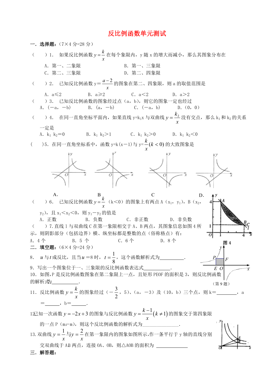 級(jí)數(shù)學(xué)下冊(cè) 反比例函數(shù)單元測(cè)試 人教新課標(biāo)版_第1頁(yè)