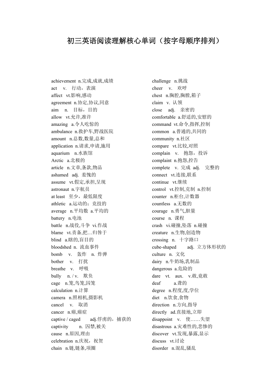 初三英语阅读理解核心单词(按字母顺序排列)_第1页