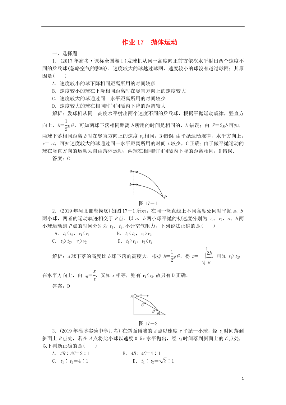 2020届高考物理总复习 作业17 抛体运动（含解析）_第1页