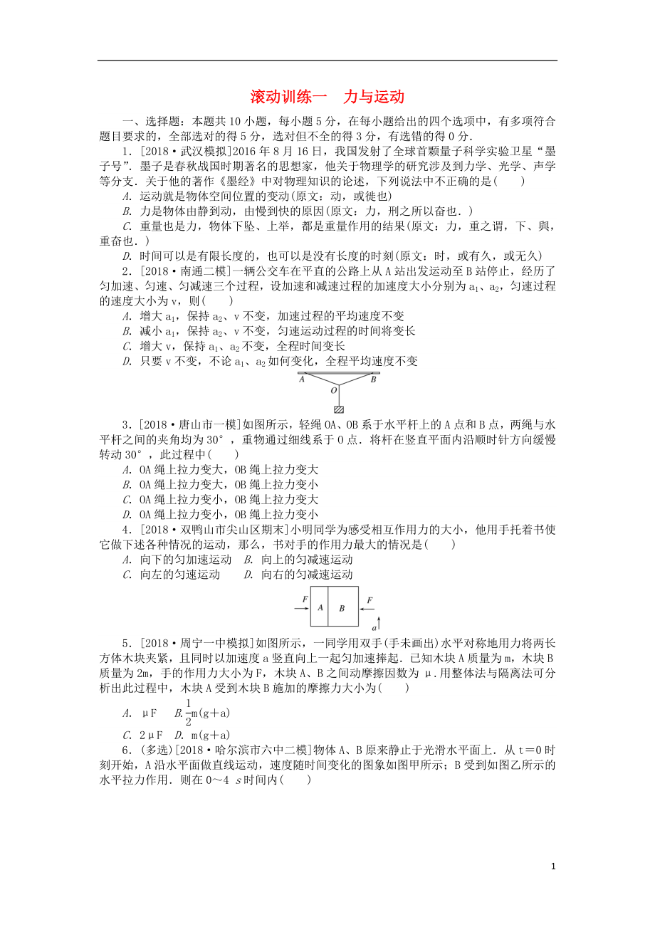 2019年高考物理二輪復(fù)習(xí) 滾動(dòng)訓(xùn)練一 力與運(yùn)動(dòng)_第1頁(yè)