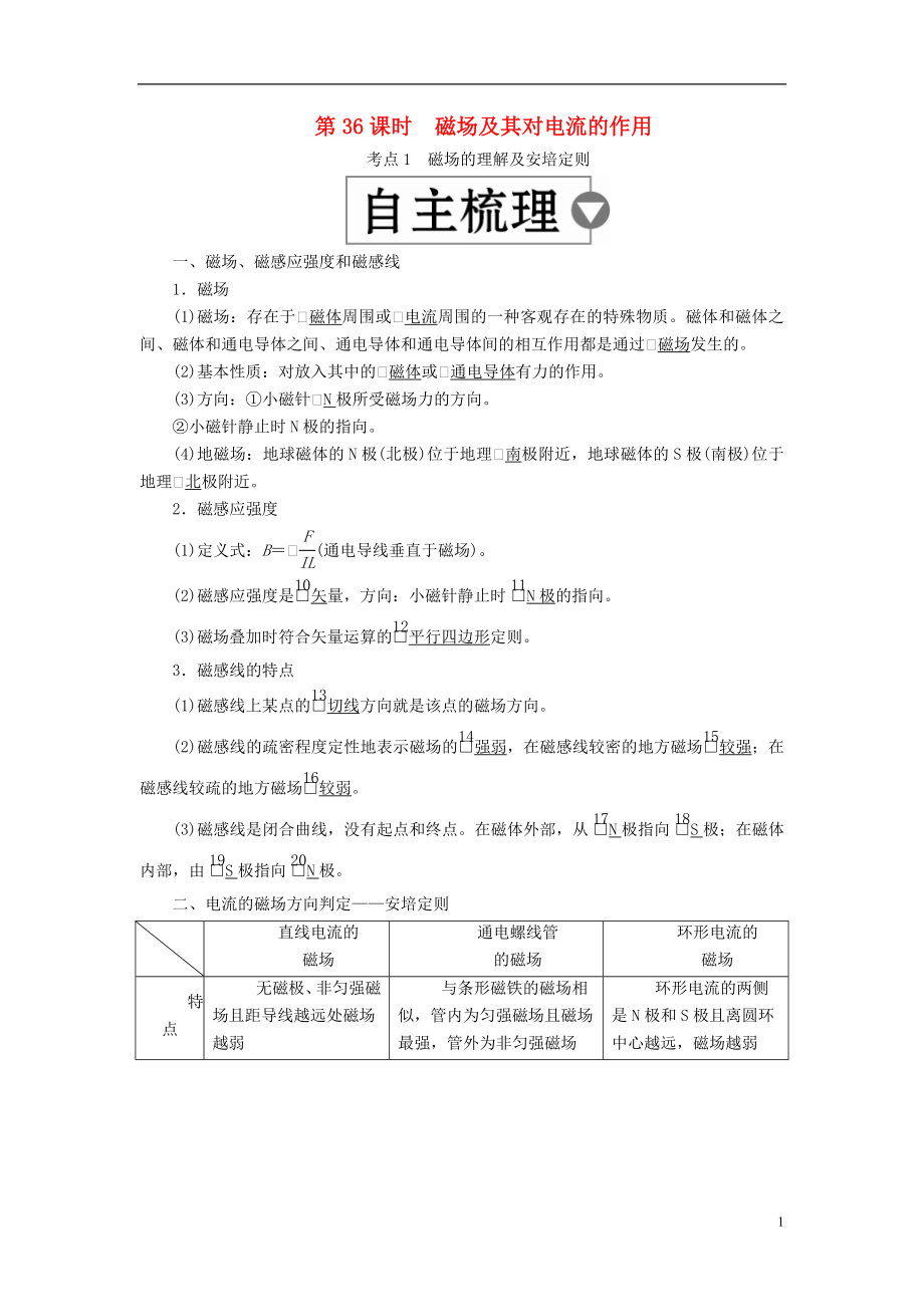 （全國版）2019版高考物理一輪復習 第10章 磁場 第36課時 磁場及其對電流的作用學案_第1頁