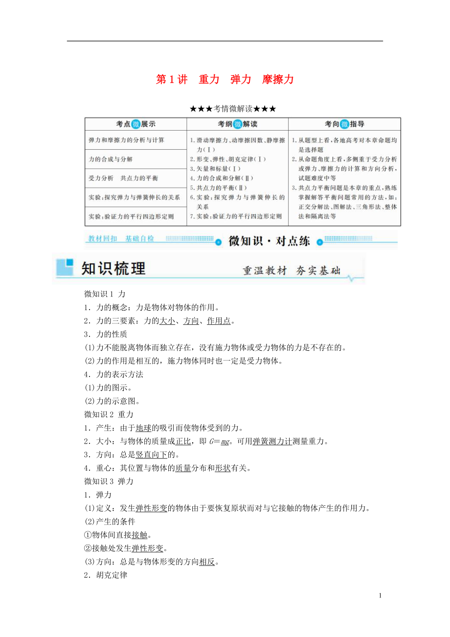 2019版高考物理一輪復(fù)習(xí) 第二章 相互作用 第1講 重力 彈力 摩擦力學(xué)案_第1頁