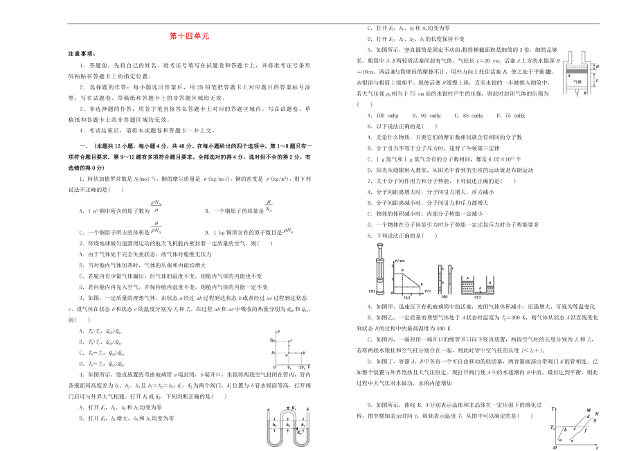 備戰(zhàn)2020年高考物理一輪復(fù)習(xí) 單元訓(xùn)練金卷 第十四單元 熱學(xué)A卷（含解析）_第1頁