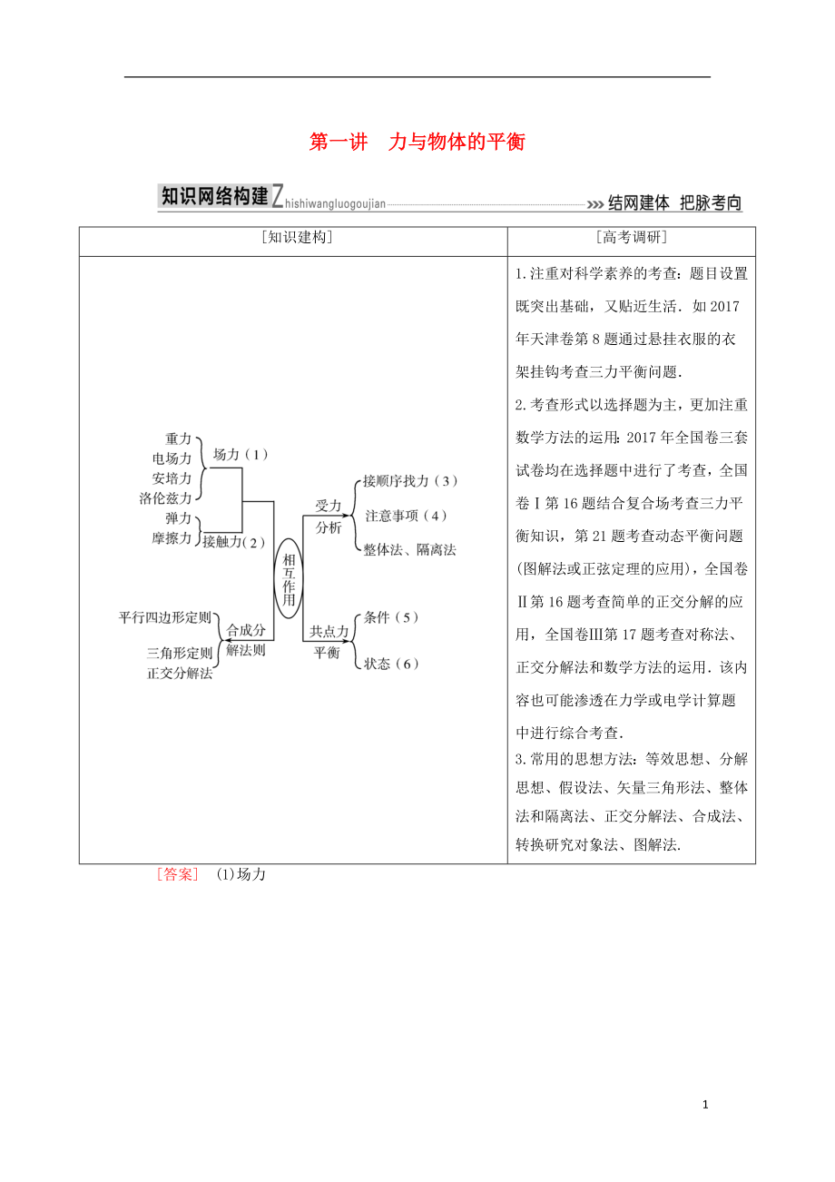 2018屆高考物理二輪復習 板塊一 專題突破復習 專題一 力與運動 第一講 力與物體的平衡學案_第1頁