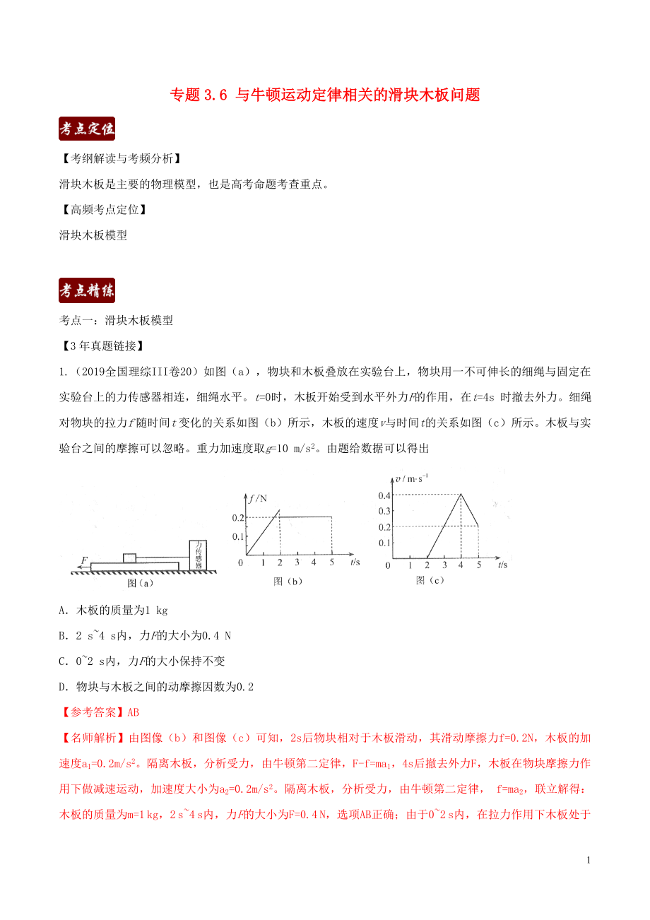 備戰(zhàn)2020高考物理 3年高考2年模擬1年原創(chuàng) 專題3.6 與牛頓定律相關(guān)的滑塊木板問(wèn)題（含解析）_第1頁(yè)