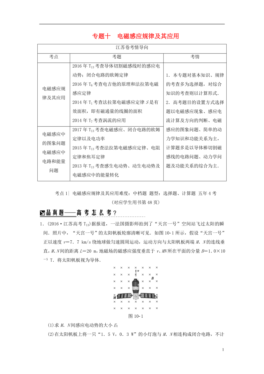 （江蘇專版）2018版高考物理二輪復(fù)習(xí) 第一部分 專題十 電磁感應(yīng)規(guī)律及其應(yīng)用學(xué)案_第1頁(yè)