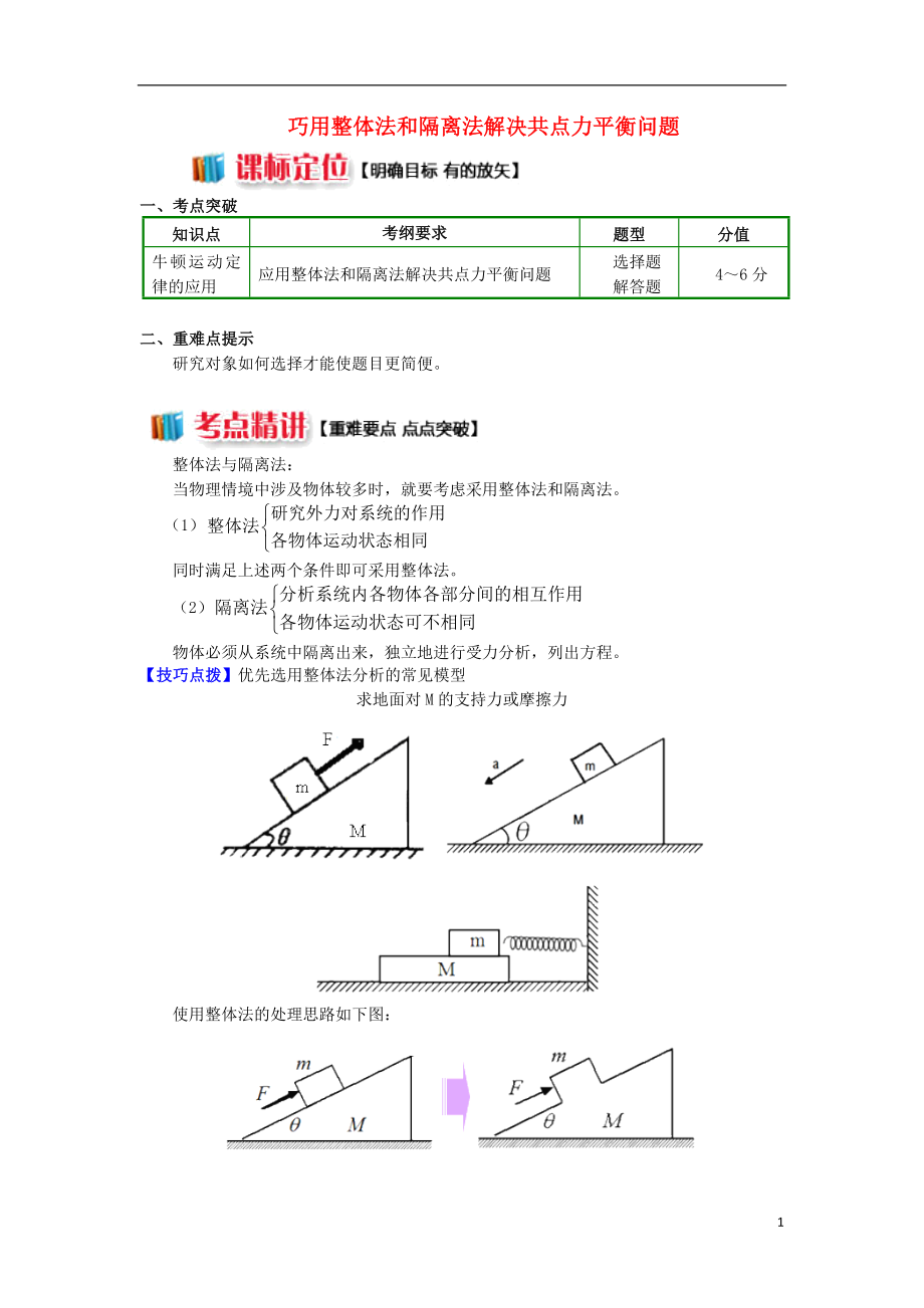 2018高中物理 牛頓定律應(yīng)用專題 9 巧用整體法和隔離法解決共點(diǎn)力問題學(xué)案 新人教版必修1_第1頁