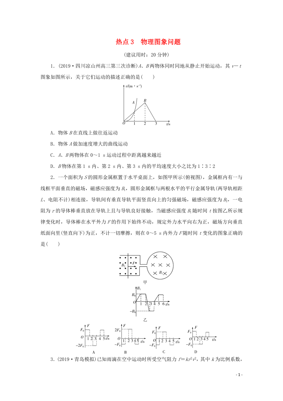 （京津魯瓊專用）2020版高考物理大三輪復(fù)習(xí) 選擇題熱點(diǎn)巧練 熱點(diǎn)3 物理圖象問(wèn)題（含解析）_第1頁(yè)