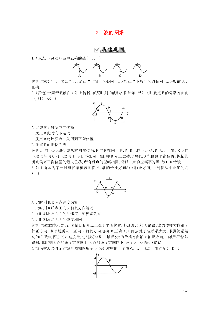 2020版高中物理 第十二章 2 波的圖象練習（含解析）新人教版選修3-4_第1頁