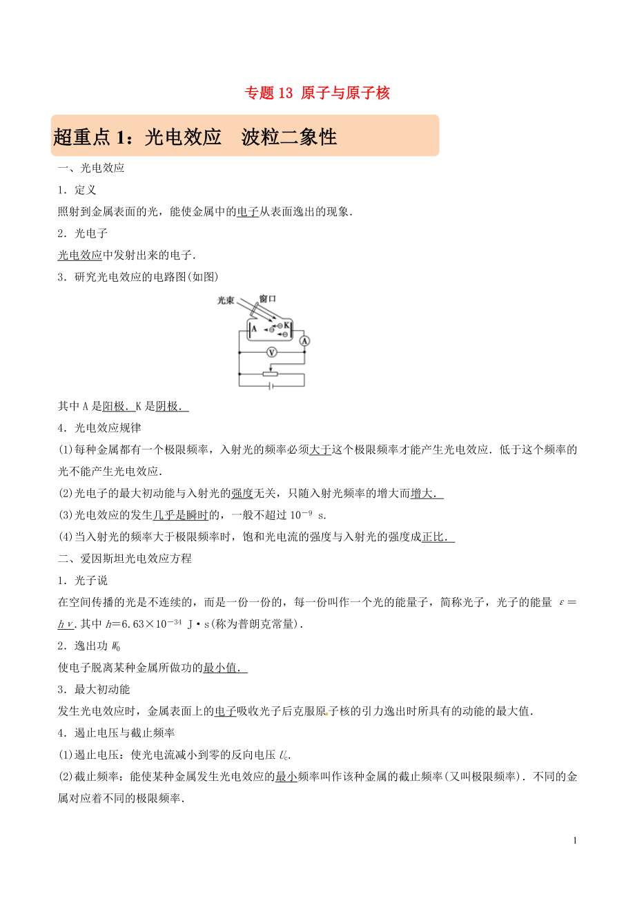 2019年高考物理 专题13 原子与原子核学案_第1页