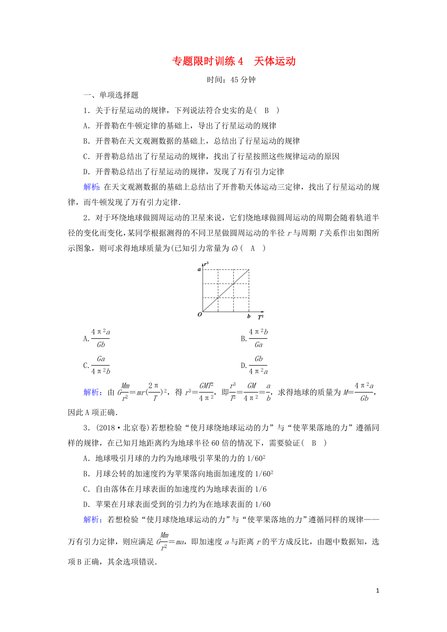 2018-2019高考物理二轮复习 专题限时训练4 天体运动_第1页