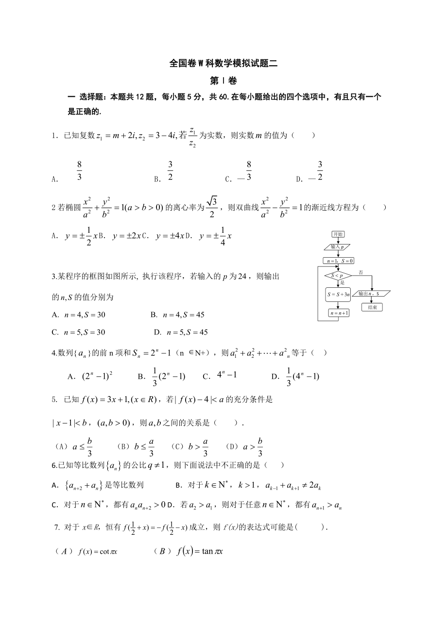 全國(guó)新課標(biāo)屆高三考前沖刺數(shù)學(xué)理科試題(二)含答案_第1頁(yè)