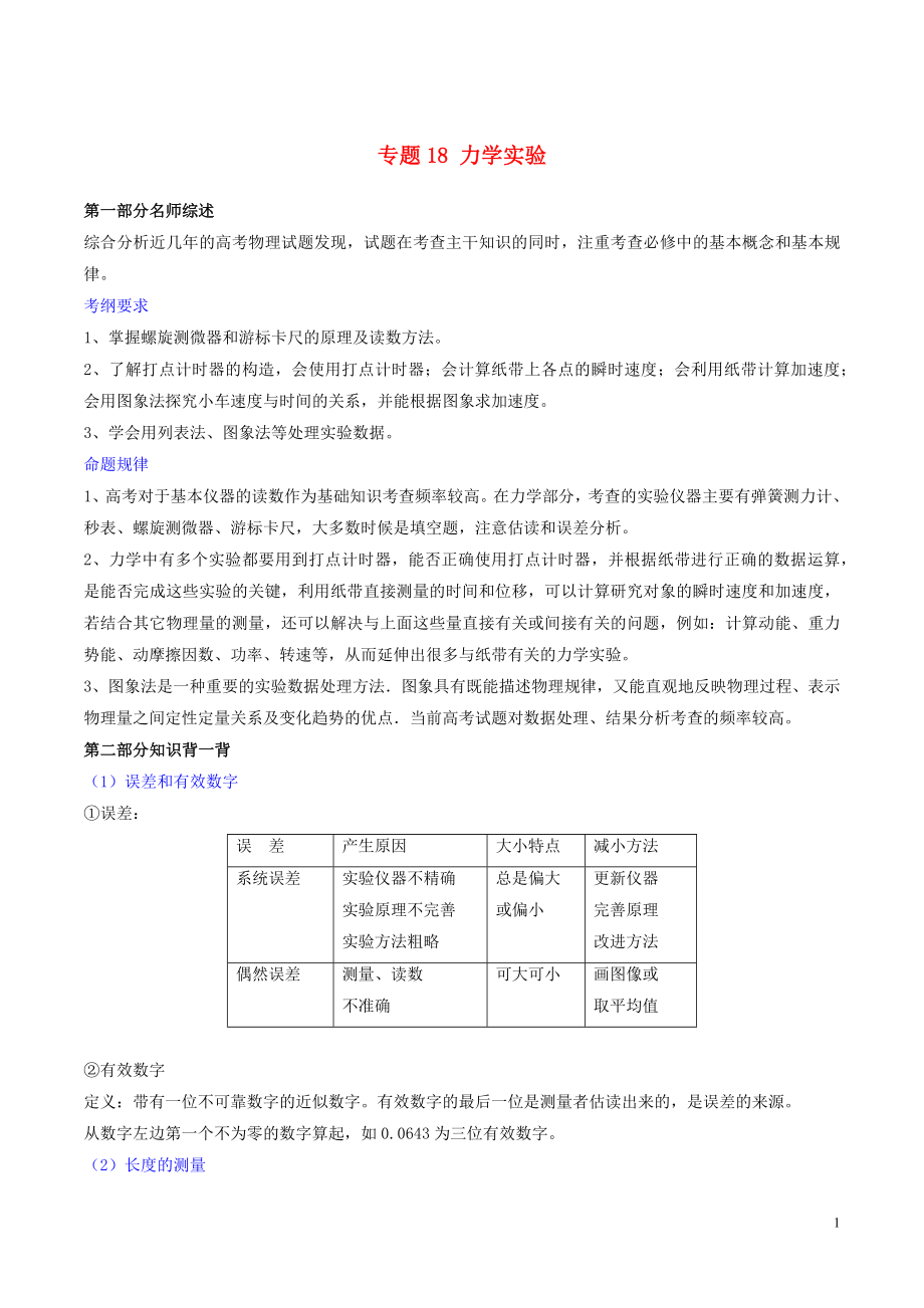 2019年高考物理備考 中等生百日捷進(jìn)提升系列 專題18 力學(xué)實(shí)驗(yàn)（含解析）_第1頁