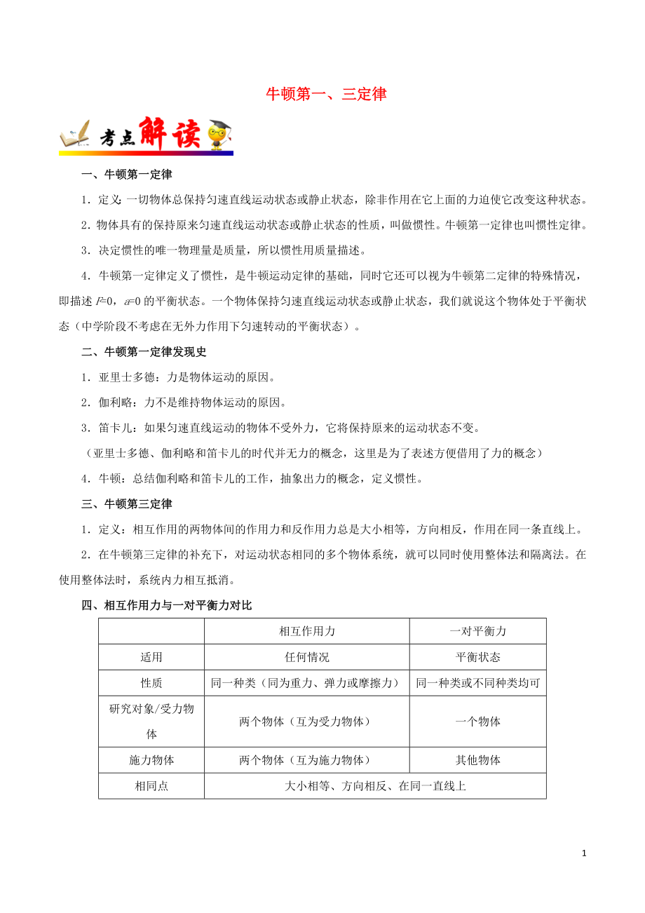 備戰(zhàn)2020年高考物理 一遍過考點10 牛頓第一、三定律（含解析）_第1頁