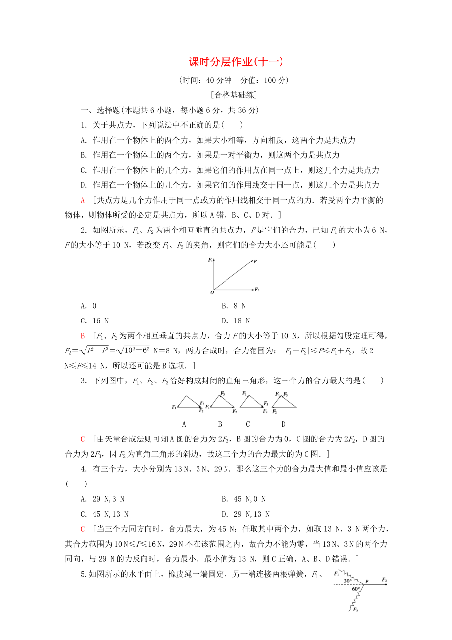 2019-2020年新教材高中物理 課時分層作業(yè)11 科學探究：力的合成（含解析）魯科版必修1_第1頁