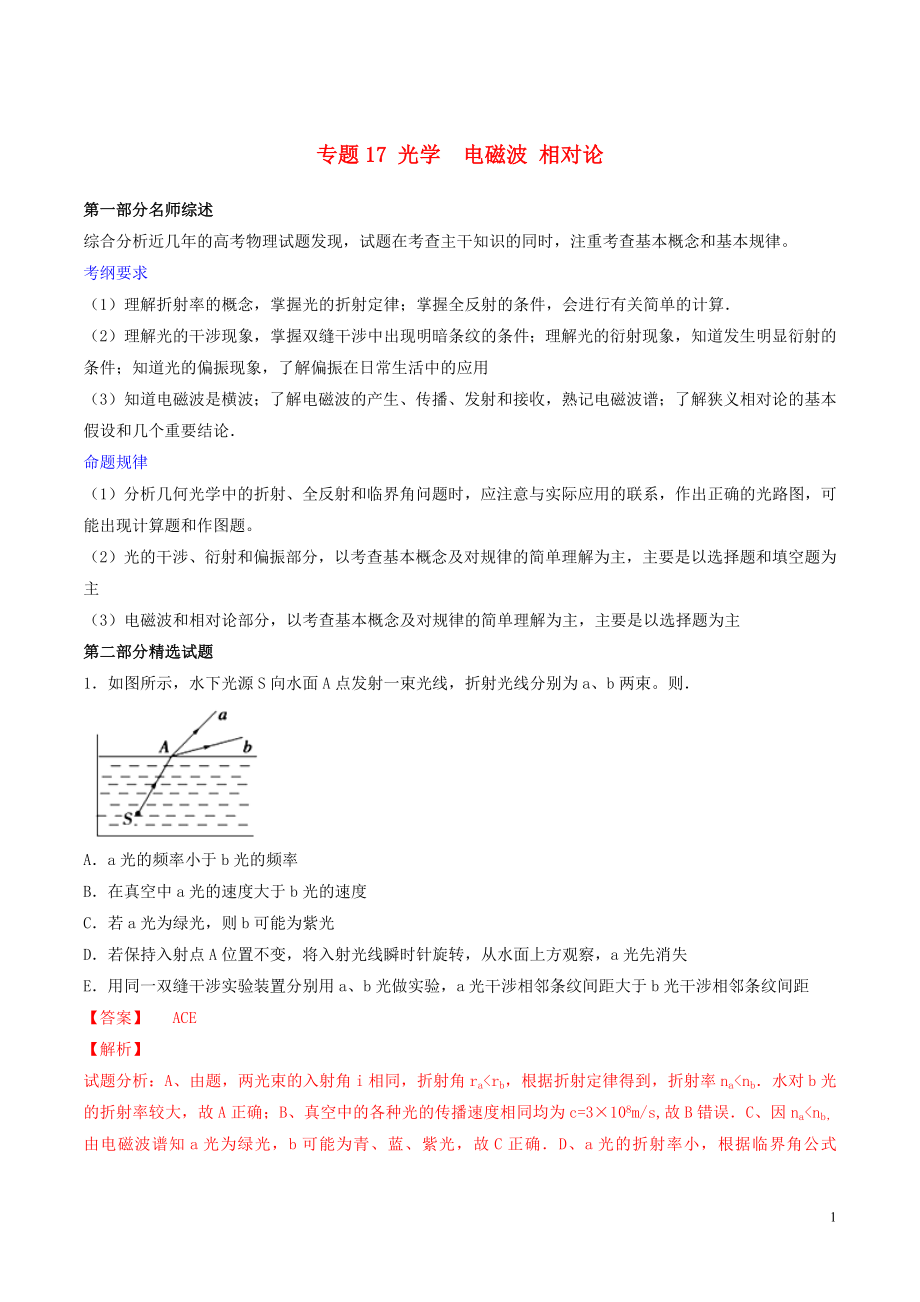 2019年高考物理備考 優(yōu)生百日闖關(guān)系列 專題17 光學 電磁波 相對論（含解析）_第1頁