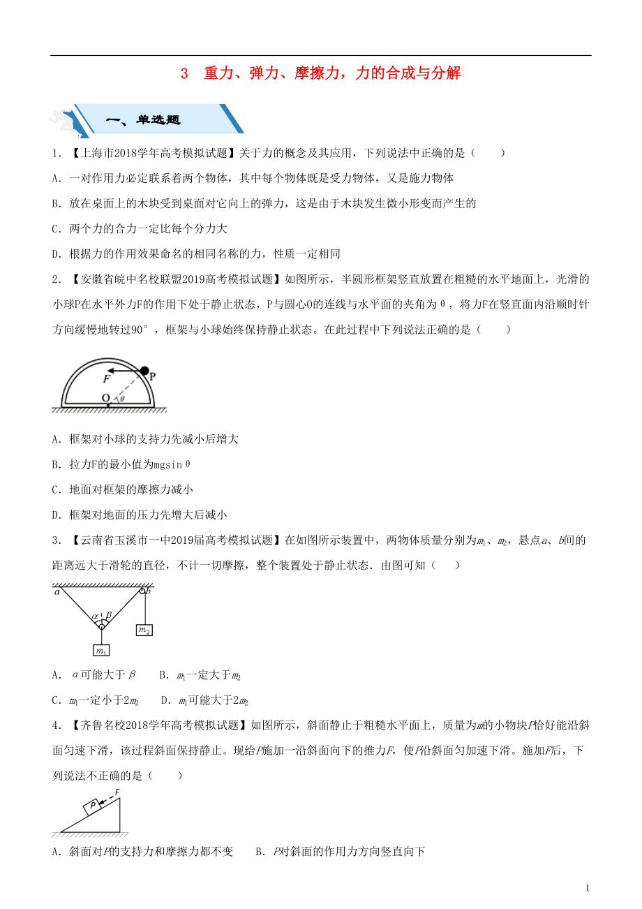 2019高考物理二輪復(fù)習(xí) 小題狂做專練三 重力、彈力、摩擦力力的合成與分解_第1頁(yè)