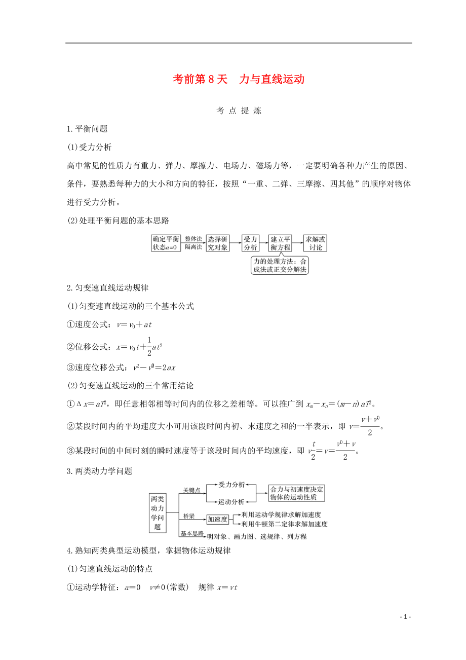 （全國通用）2018年高考物理二輪復習 考前第8天 力與直線運動學案_第1頁