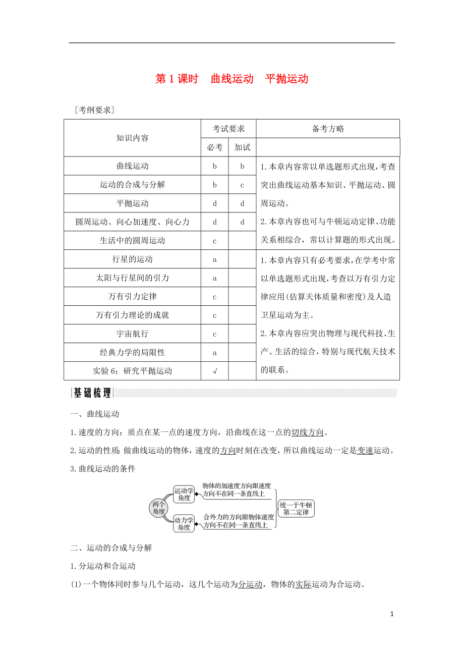 （浙江專版）2019版高考物理大一輪復(fù)習(xí) 第四章 曲線運動 萬有引力與航天 第1課時 曲線運動 平拋運動學(xué)案_第1頁