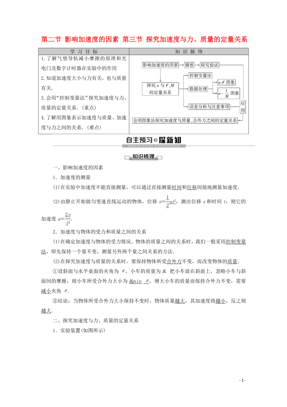 2019-2020學(xué)年高中物理 第4章 力與運動 第2節(jié) 影響加速度的因素 第3節(jié) 探究加速度與力、質(zhì)量的定量關(guān)系學(xué)案（含解析）粵教版必修1_第1頁