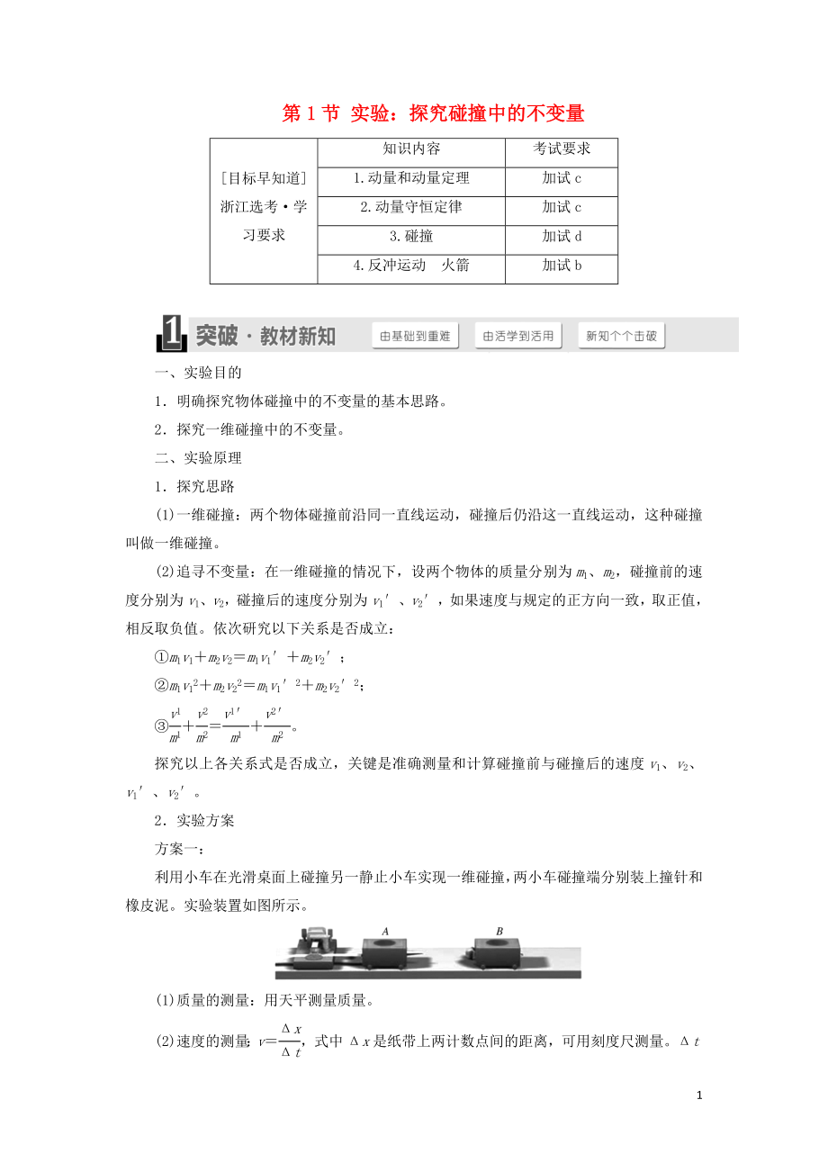 （浙江專版）2018年高中物理 第十六章 動量守恒定律 第1節(jié) 實驗：探究碰撞中的不變量學(xué)案 新人教版選修3-5_第1頁