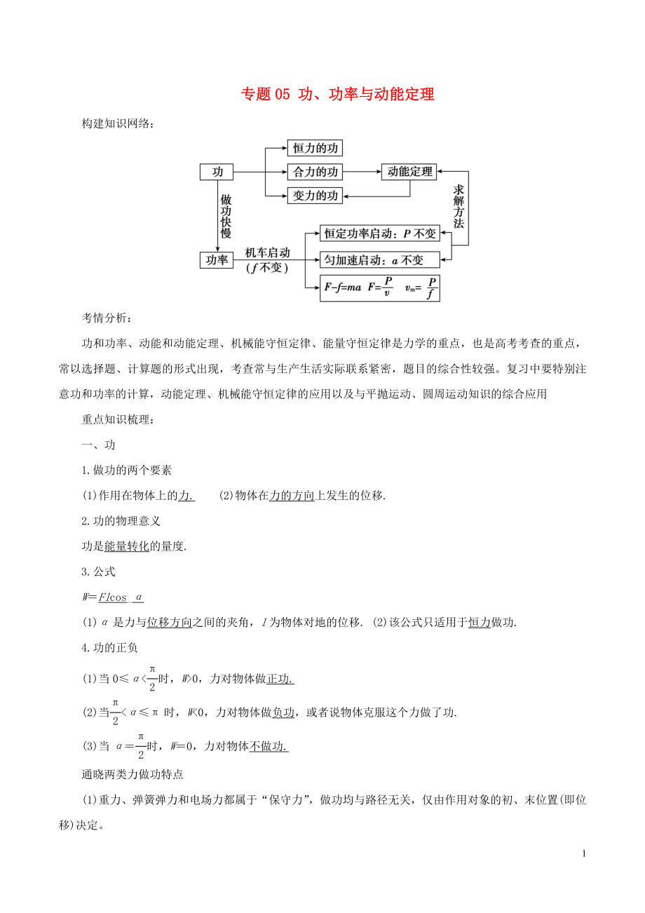 2018年高考物理二輪復(fù)習(xí) 專題05 功、功率與動(dòng)能定理學(xué)案_第1頁(yè)