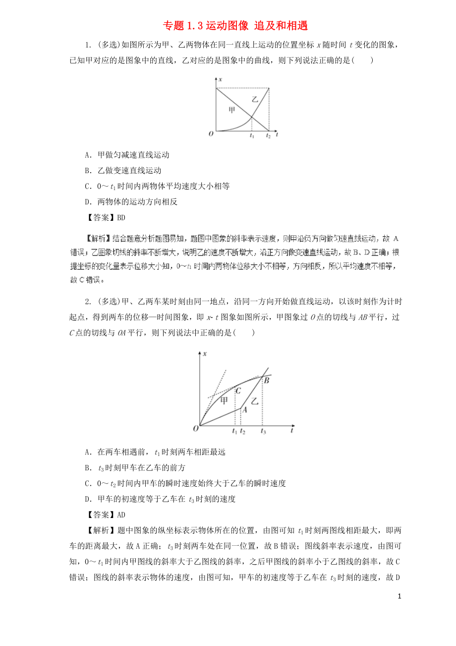 2019屆高中物理二輪復習 熱點題型專練 專題1.3 運動圖像 追及和相遇（含解析）_第1頁