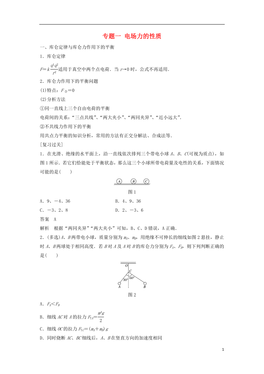 2017-2018学年高中物理 专题一 电场力的性质学案 新人教版选修3-1_第1页