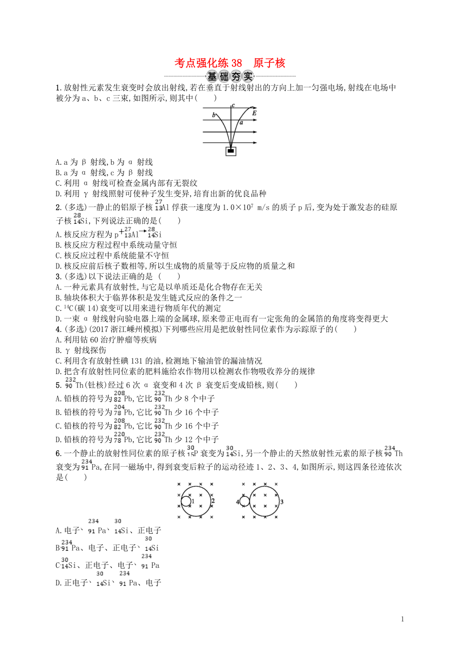 （江浙选考1）2020版高考物理总复习 第十六章 近代物理初步 考点强化练38 原子核_第1页