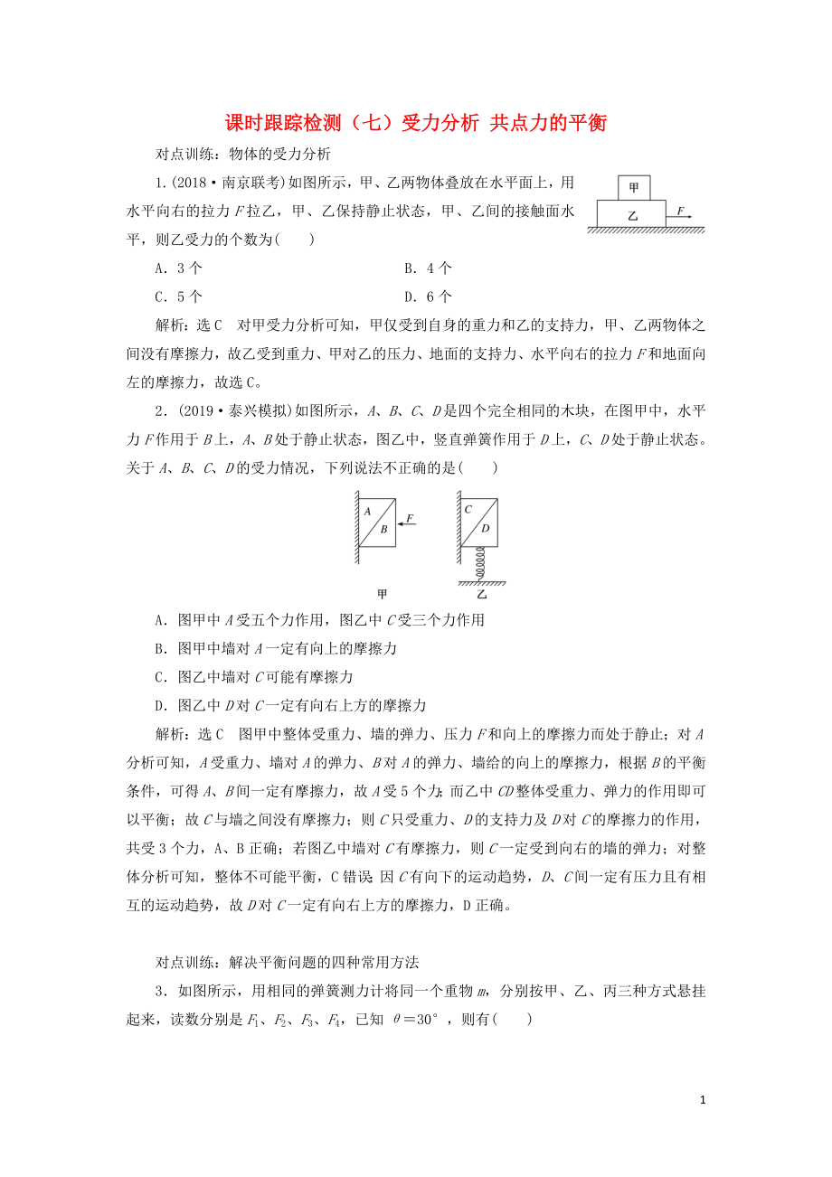 （江蘇專版）2020版高考物理一輪復(fù)習(xí) 課時(shí)跟蹤檢測(cè)（七）受力分析 共點(diǎn)力的平衡（含解析）_第1頁(yè)