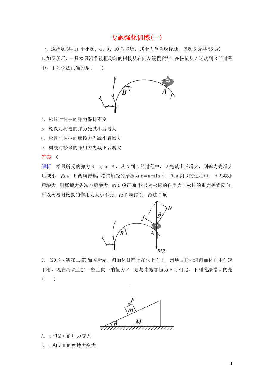 （新課標(biāo)）2020高考物理二輪復(fù)習(xí) 專題強(qiáng)化訓(xùn)練1 力與物體的平衡（含解析）_第1頁(yè)