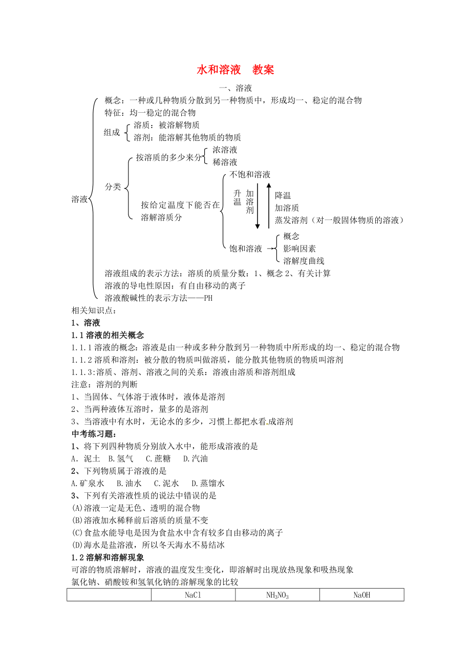 九年級化學(xué)第二單元《水和溶液》教案魯教版_第1頁