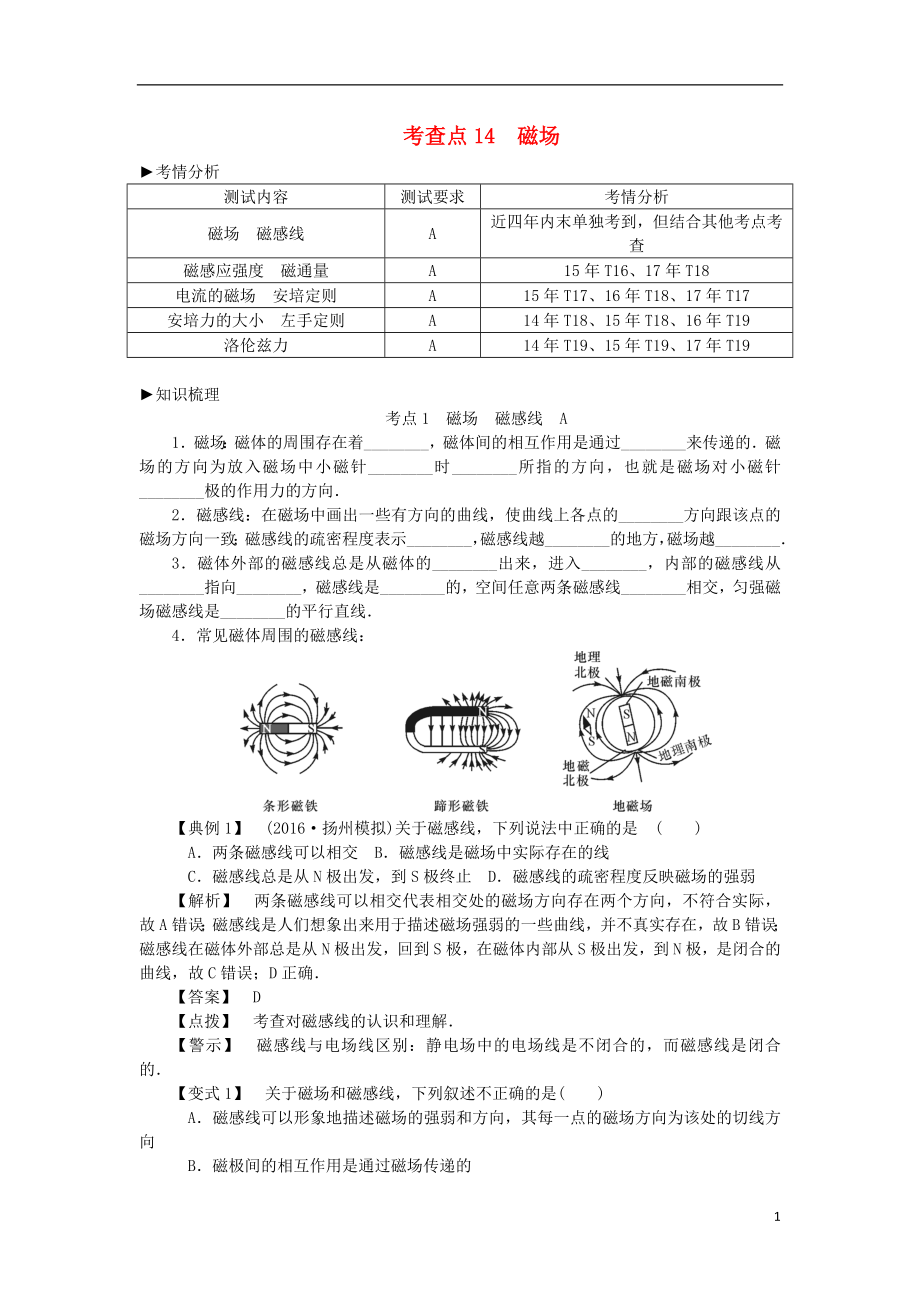 2019高考物理總復(fù)習(xí) 考查點(diǎn)14 磁場(chǎng)考點(diǎn)解讀學(xué)案（無答案）_第1頁