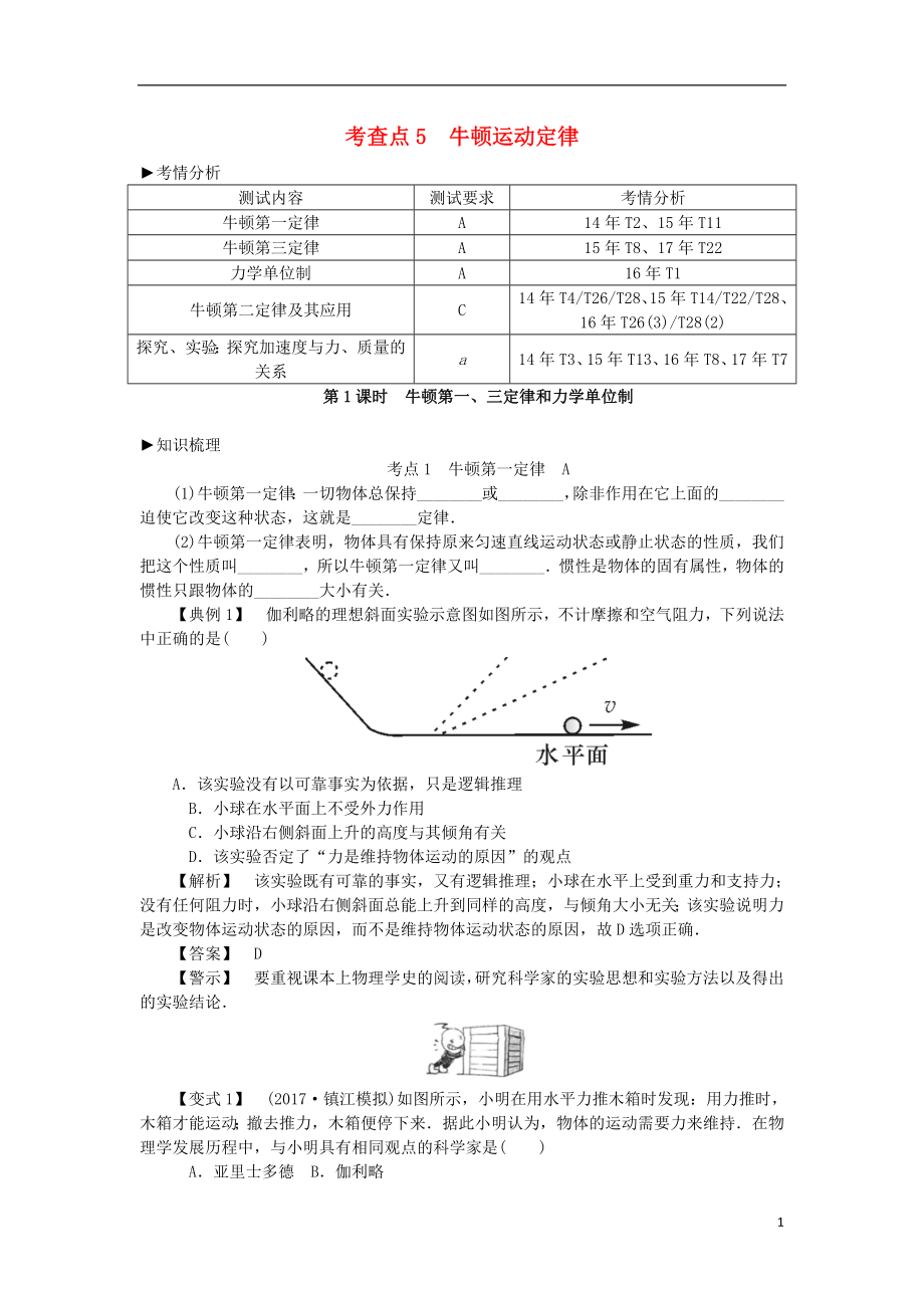 2019高考物理總復習 考查點5 牛頓運動定律考點解讀學案（無答案）_第1頁