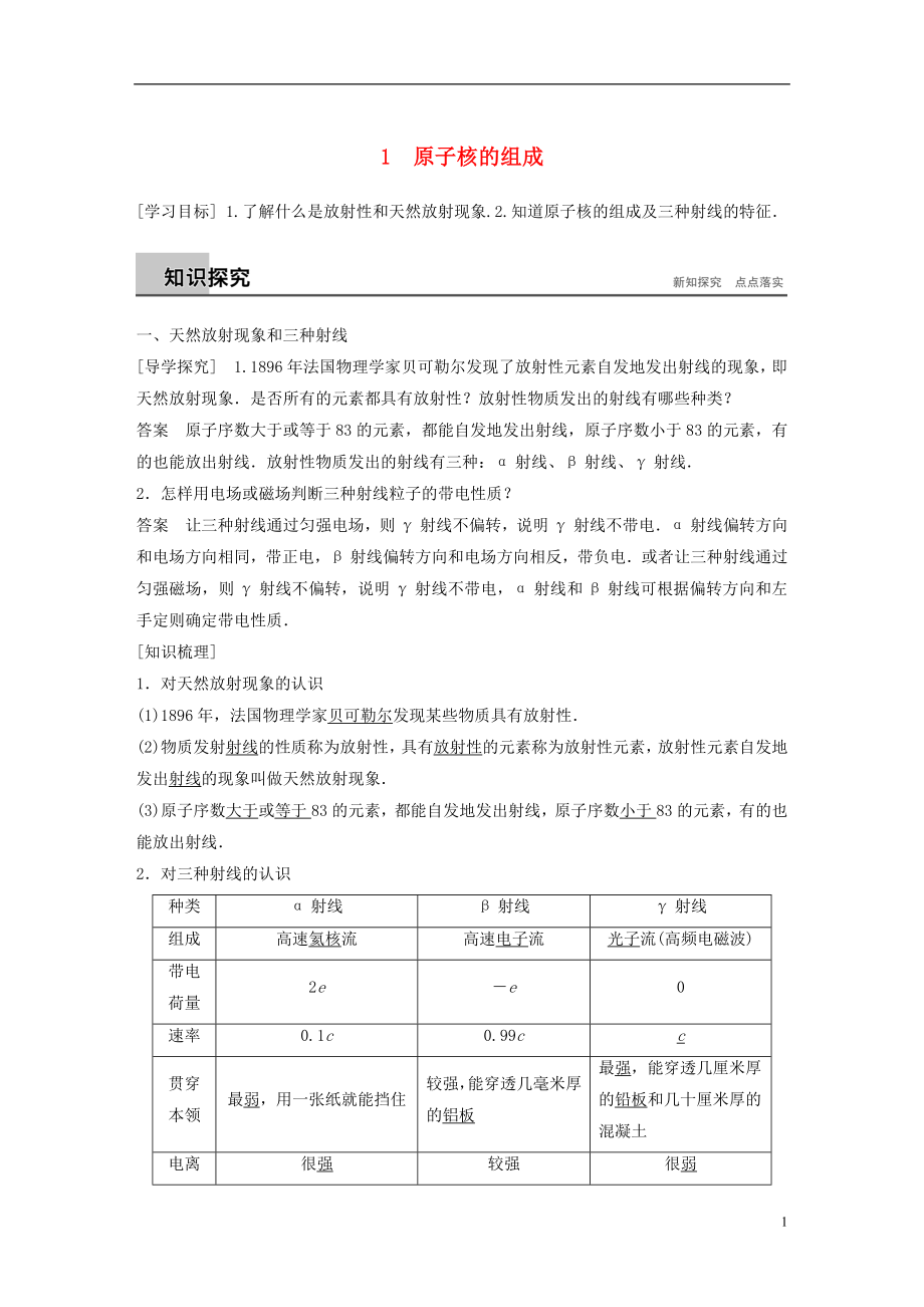 2017-2018學(xué)年高中物理 第19章 原子核 1 原子核的組成學(xué)案 新人教版選修3-5_第1頁