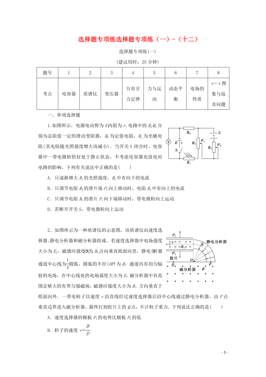 （京津鲁琼专用）2020版高考物理大三轮复习 高考题型专项练一 选择题专项练（一）-（十二）（含解析）_第1页