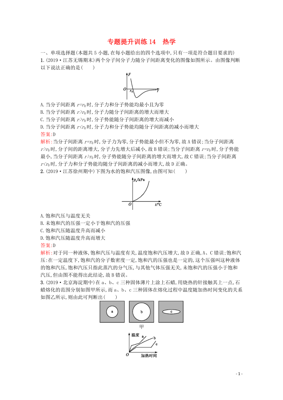 （天津?qū)Ｓ茫?020高考物理二輪復(fù)習(xí) 專題提升訓(xùn)練14 熱學(xué)（含解析）_第1頁