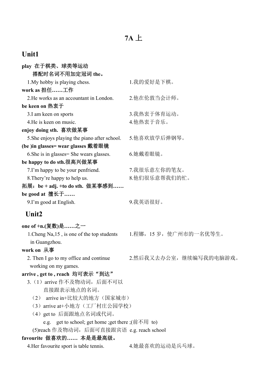 广州英语(上海牛津版)短语句型大全(含例句及翻译)七年级上_第1页