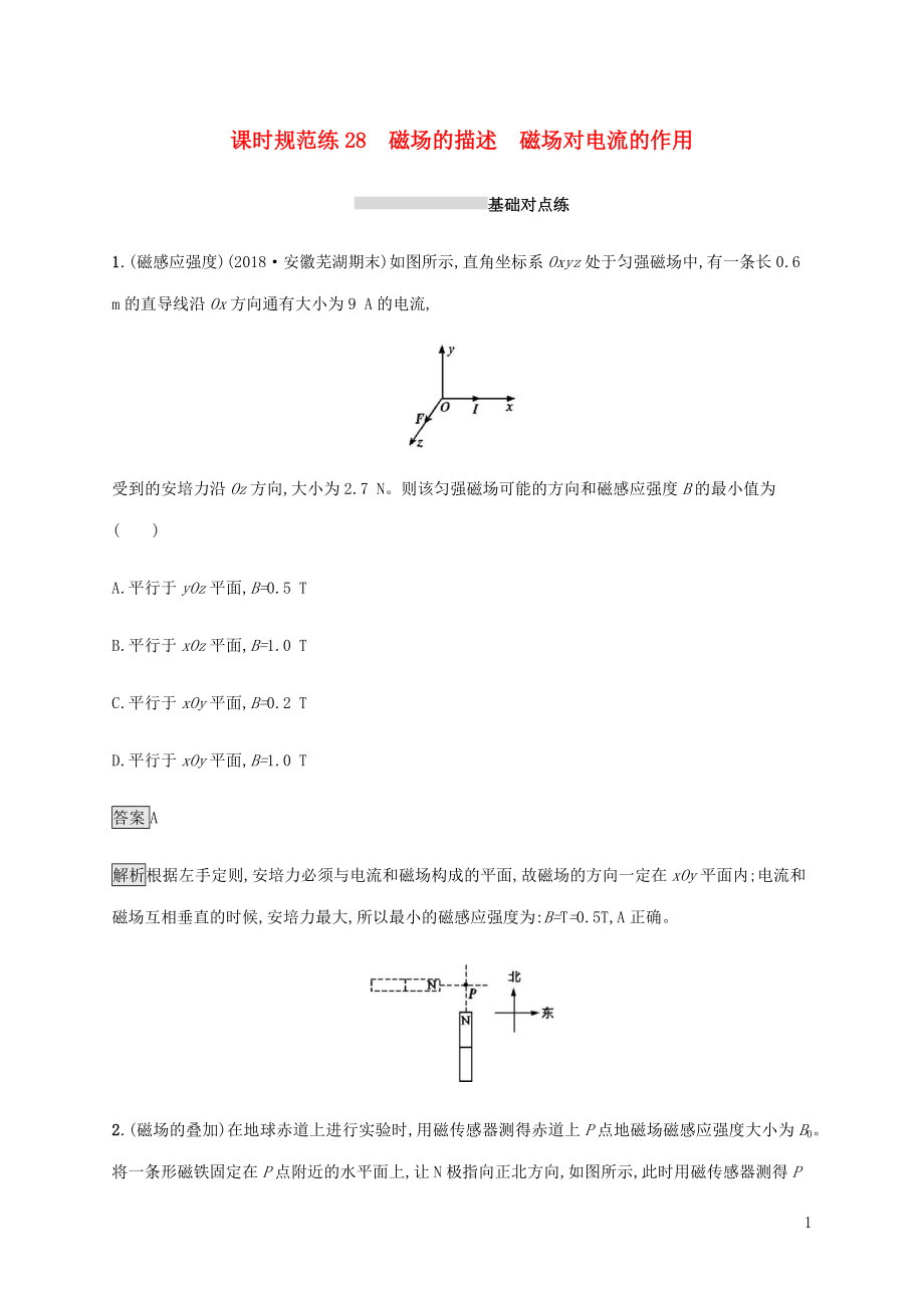 山東省2020版高考物理一輪復(fù)習(xí) 課時(shí)規(guī)范練28 磁場(chǎng)的描述 磁場(chǎng)對(duì)電流的作用 新人教版_第1頁(yè)