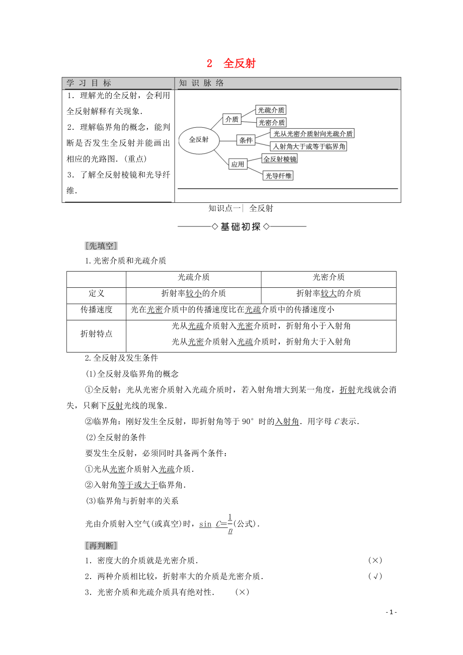 2020版新教材高中物理 主題3 光及其應(yīng)用 2 全反射學(xué)案 新人教版必修第一冊_第1頁