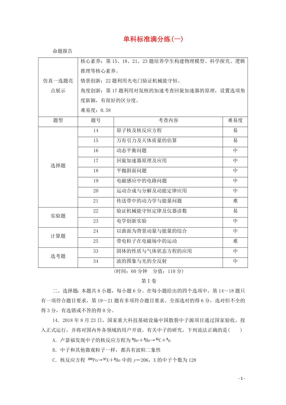 2020版高考物理二輪復(fù)習(xí) 單科標(biāo)準(zhǔn)滿分練1（含解析）_第1頁