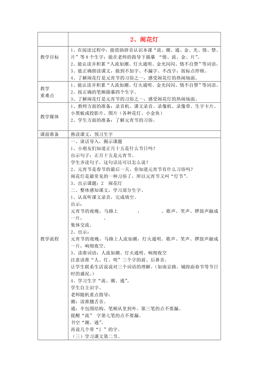 小学一年级语文下册 闹花灯教案 沪教版_第1页